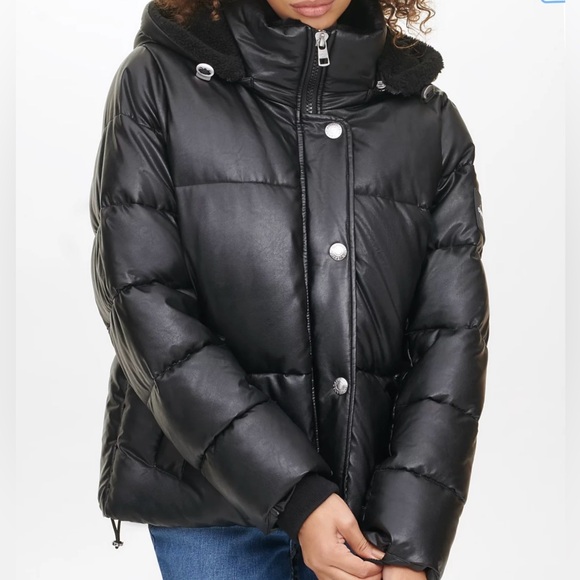 CALVIN KLEIN faux leather womens puffer black jacket size medium - Picture 1 of 14
